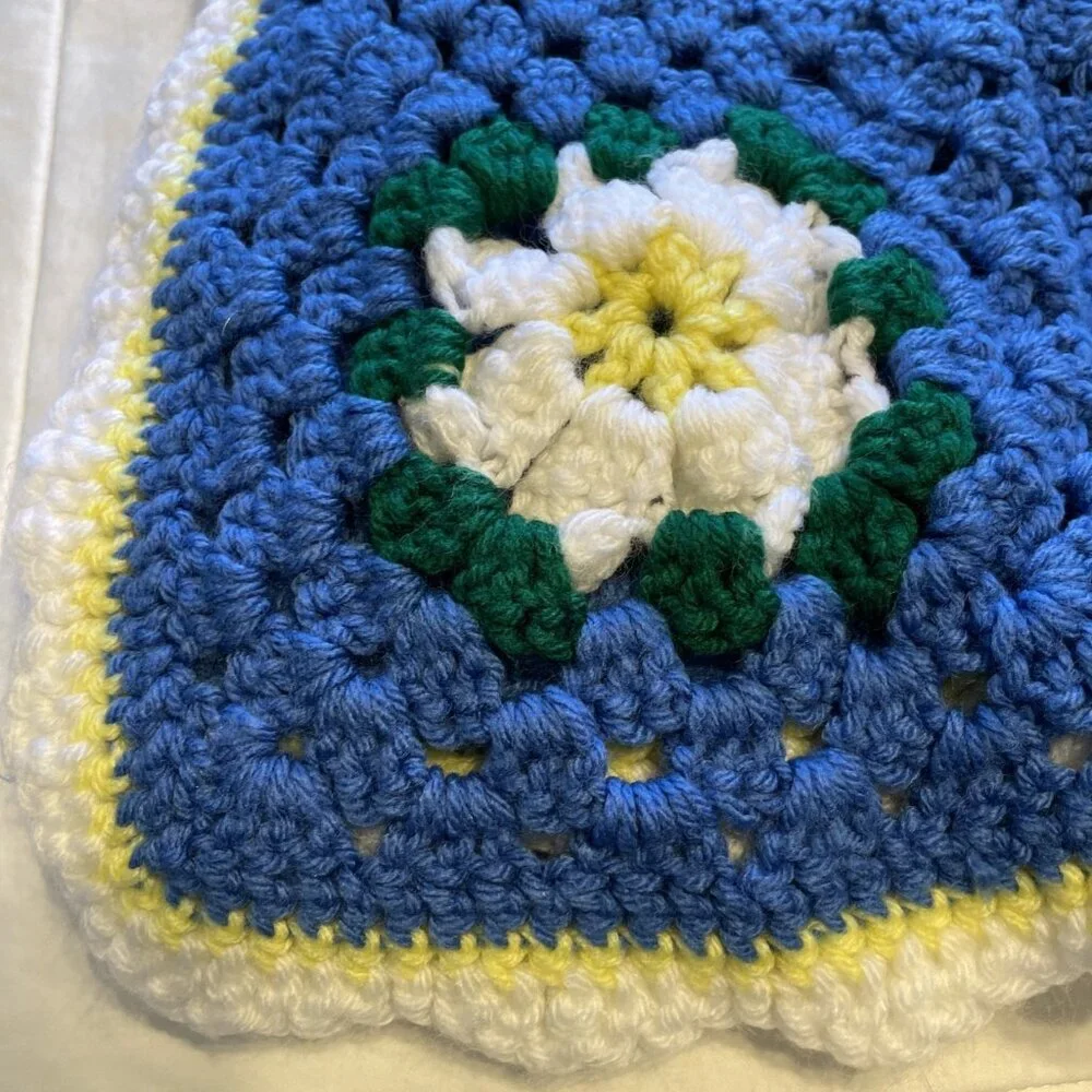 Vintage Handmade Crochet Granny Square Floral Afghan Blanket Blue White 78x80